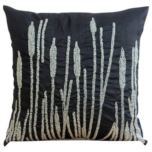 Custom Cushion Cover, Pillow Cover 18x18 inch (45x45 cm) Black, Black Pillow Cover, Beaded Millet Grass Design Cushion Covers, Square Silk Pillows Covers Couch, Floral - Black Beauty