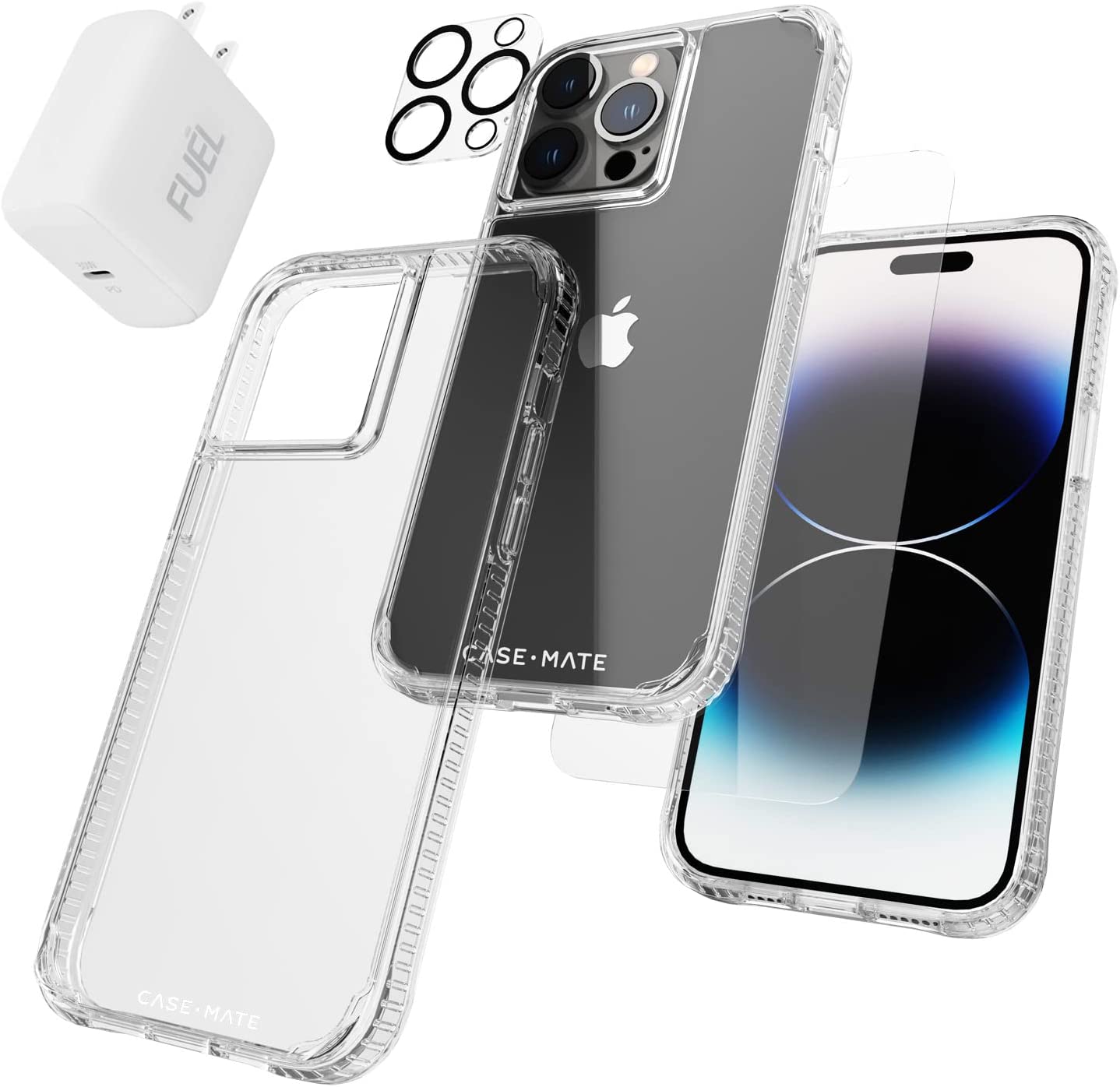 Case-Mate IPhone 14 Pro 4-in-1 Protection Pack – Tough Clear Case With 15ft Drop Protection, Tempered Glass Screen Protector, Lens Protector & 30W USB-C Fast Charger