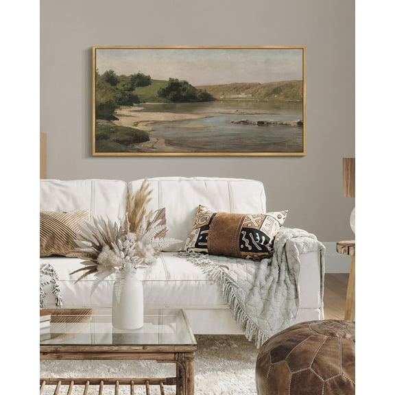 Drsoum Large 20x40in Natural Framed Vintage Landscape Mountain River Decor for Bedroom Office Hallway Decor