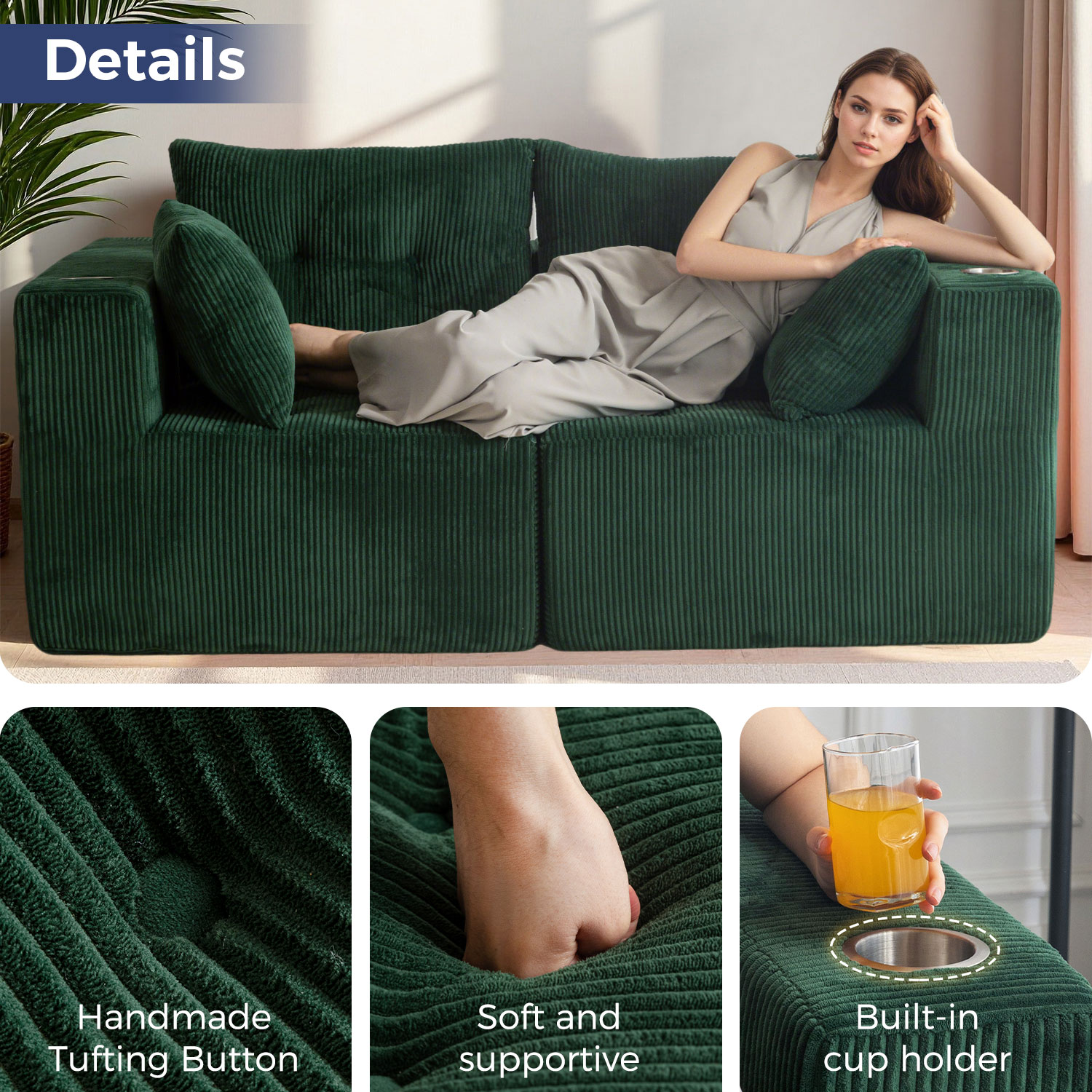 BYBYME 73"Oversized Loveseat Couch,2 Seat Sectional Corduroy Tufted Sofa,Upholstered Symmetrical Cloud Couch with Double Chaise,Wrap Around Sofa for Living Room Apartment Office,Sofa in A Box,Green