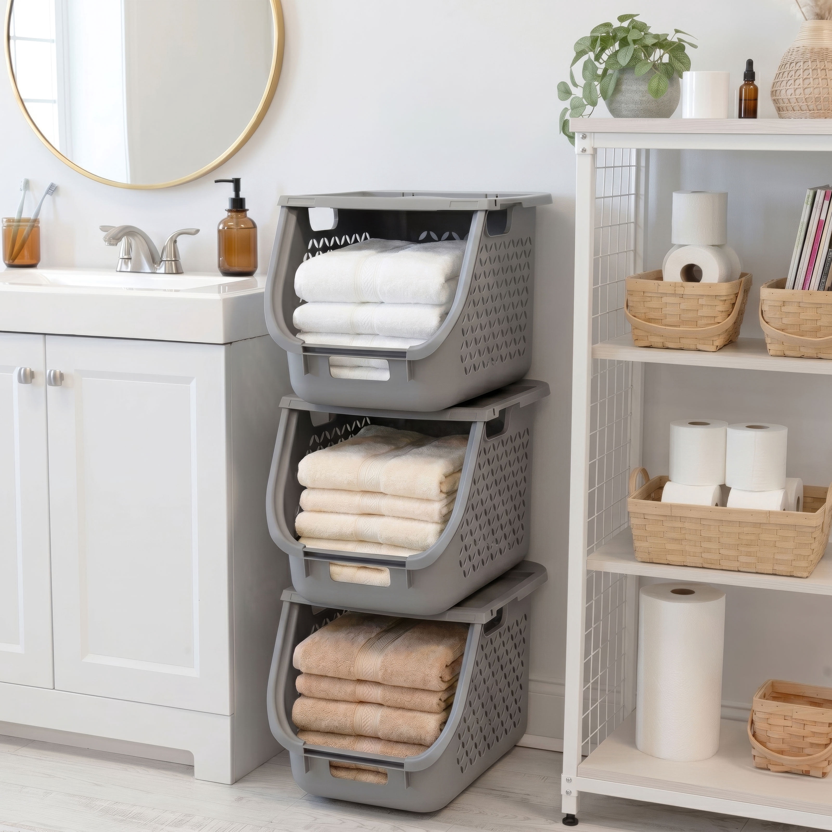 IRIS,1.33bu Stacking Laundry Basket Gray 3PK  - 47 Liter