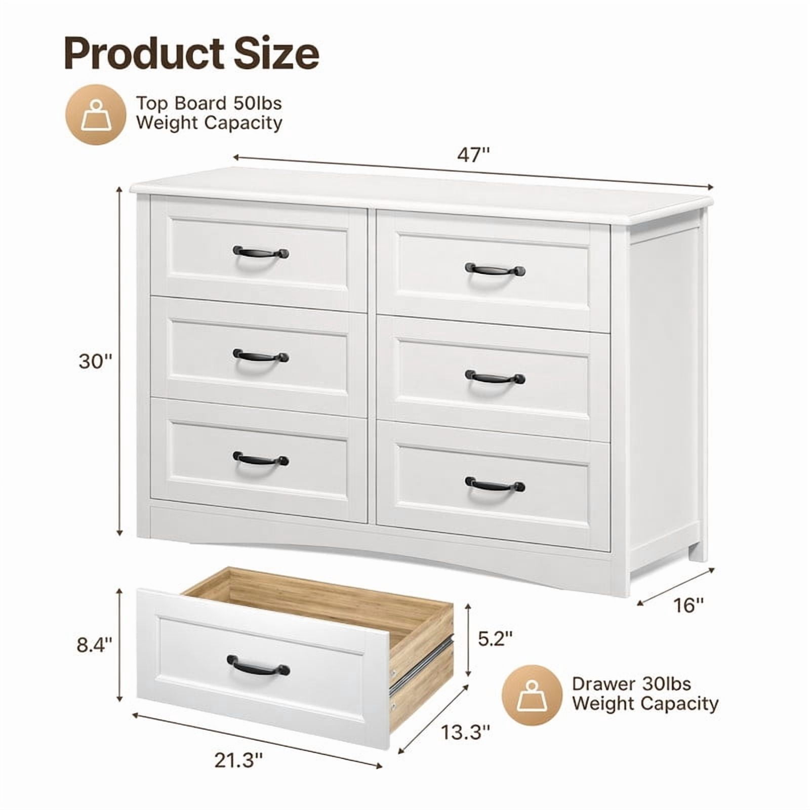 6-Drawer Dresser, 47" Wide Chest of Drawers with Metal Handles, Modern Storage Organizer Sturdy Wood Chest of Drawers for Bedroom, Living Room, Hallway, Office, Entryway, White