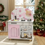 Pirecart Kids Play Kitchen Set, Toddler Wooden Kitchen Playset with Cooking Accessories and Clicking Knobs, Educational Chef Pretend Play Set for Ages 3+, Pink