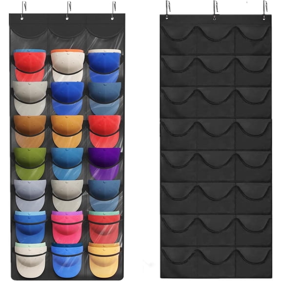 Baseball Hat Rack,Hat Organizer Racks,24 Pocket Over-The-Door Hat Organizer with Deep Pockets to Display Baseball Caps Collection, Complete with 3 Over Door Hooks (Black, 24 Pockets)