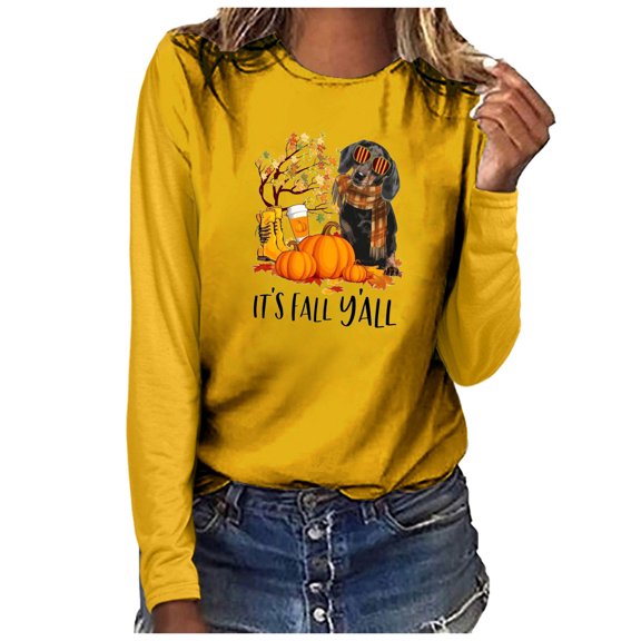 Womens Long Sleeve Fall Tops Casual Crew Neck Vintage Truck Print Graphic Tee Shirts Ladies Blouses Tshirts (X-Large, Yellow 01)