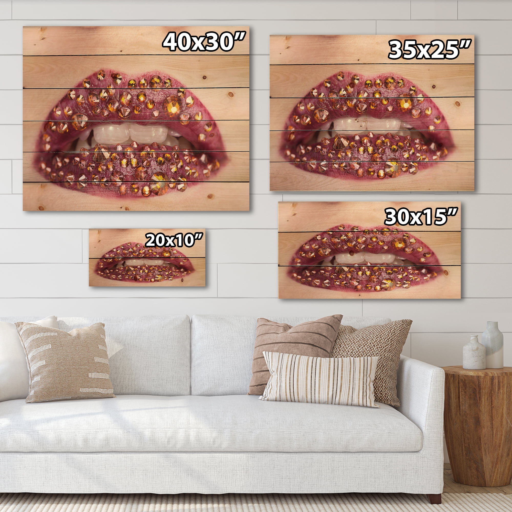 Designart 'Close-Up Of Girl Lips With Sequins' Modern Print on Natural Pine Wood