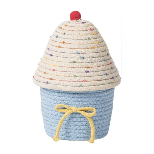 Cesta de almacenamiento tejida a mano, cesta para juguetes, multiusos, con tapa, contenedor para artículos diversos, hogar Beige y azul