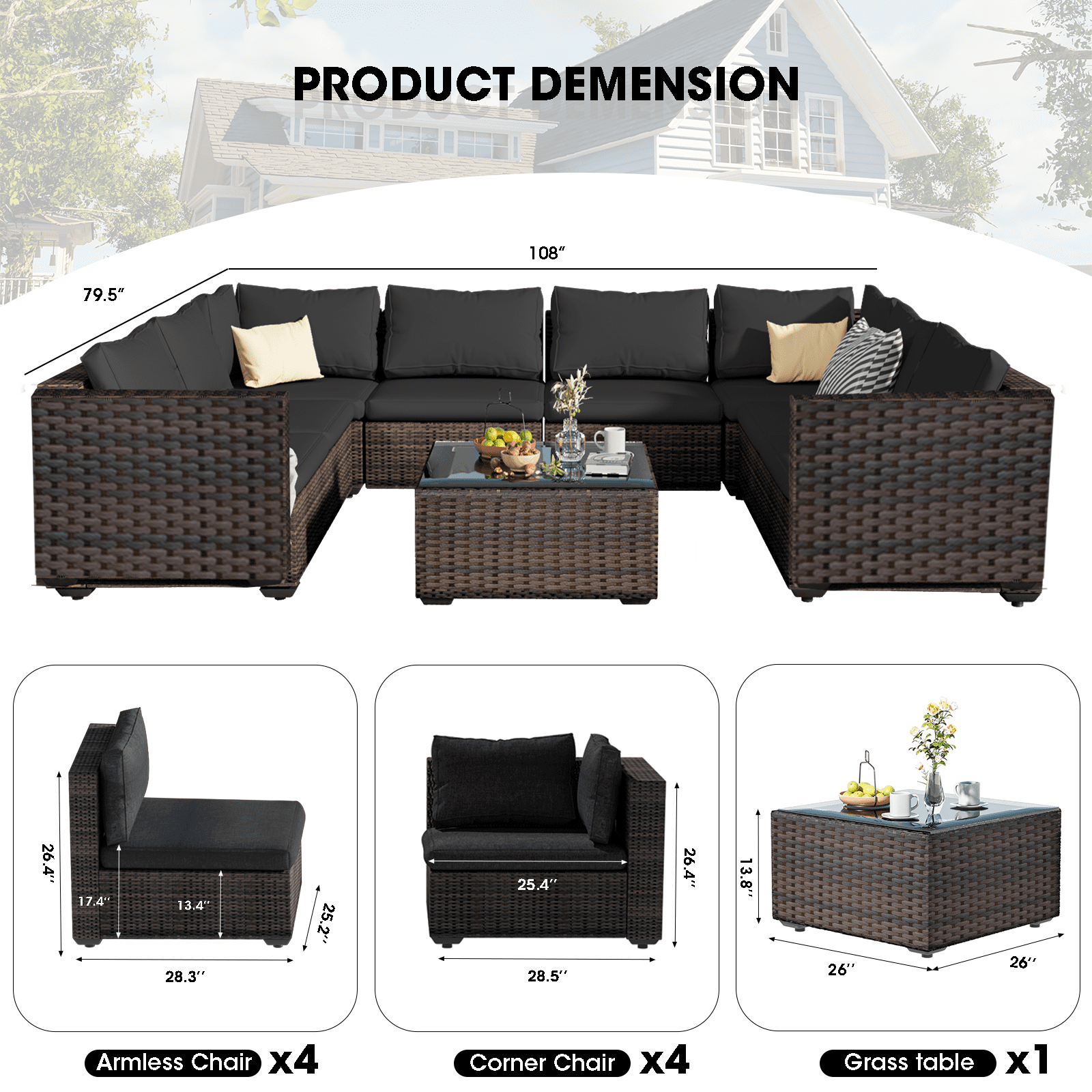 Grezone 9 Pieces Outdoor Patio Furniture, PE Wicker Rattan Sectional Sofa Patio Conversation Sets