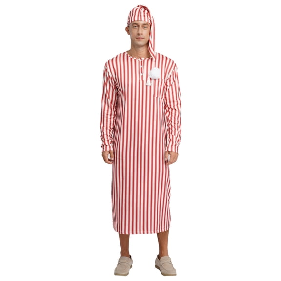 Lejafay Men's Pajamas Robe Striped Long Sleeve Sleep Shirt with Nightcap Nightwear Red M