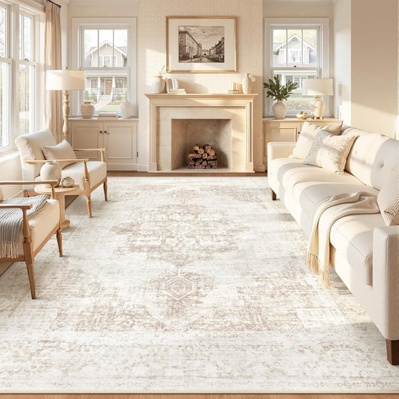 Area Rug 8x10 Washable Rug: Vintage Living Room Rug Medallion Large Rugs Indoor Retro Distressed Carpet for Bedroom Dining Room Nursery Room(Beige, 8'x10')