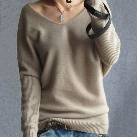 POINTERTECK Women Cashmere Sweaters V-neck Pullover Loose Knitting Top for Spring Autumn(Black XL)