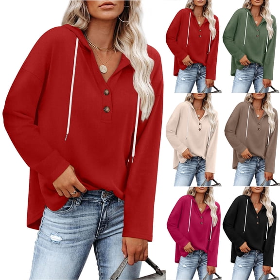 LWITHSZG Hoodies for Women Casual Loose V Neck Long Sleeve Henley Shirts Going Out Tops Fall Winter Fashion Drawstring Pullover Sweatshirts