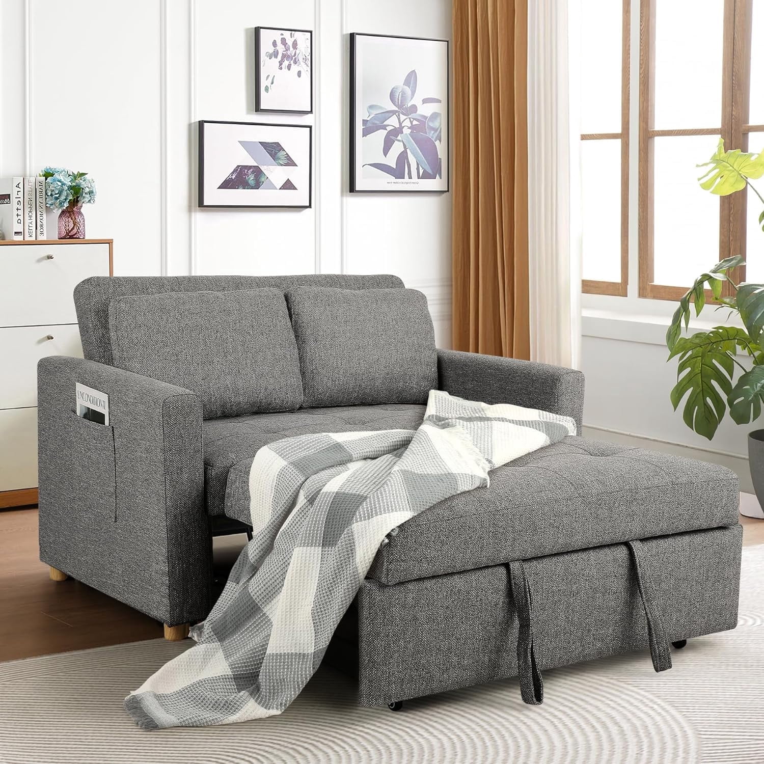Tapoja 3-in-1 Convertible Sleeper Sofa Bed, Linen Fabric Pull Out Couch Bed, Loveseat with Spring Support, Adjustable Backrest Perfect for Dorms, Apartments, and Home Offices Dark Grey
