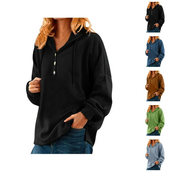 Plain Hoodies for Women Fall Winter Long Sleeve Casual Button Side Slit Hooded Sweatshirt Pullover Tops
