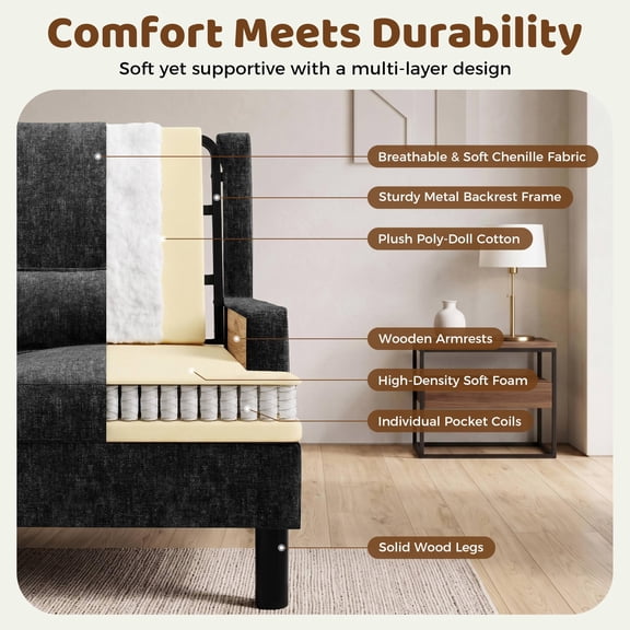 Mid-Century Modern Wingback Accent Chair, Chenille Upholstered High-Back Reading Armchair with Pillow, Solid Wood Legs, Single Lounge Chair for Living Room/Bedroom - Black