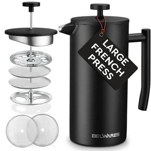 Large French Press 50 OZ, Durable Stainless Steel Coffee Press with 4-Level Filter, Leak-Proof Design, Keeps Coffee Warm Longer, Matte Black Finish