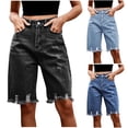 thumbnail image 3 of Vhkiploz Summer Bermuda Shorts for Women Frayed Ripped Wide Leg Jean Shorts High Waisted Knee Length Button Closure Denim Shorts with Pockets Dark Blue XL, 3 of 8