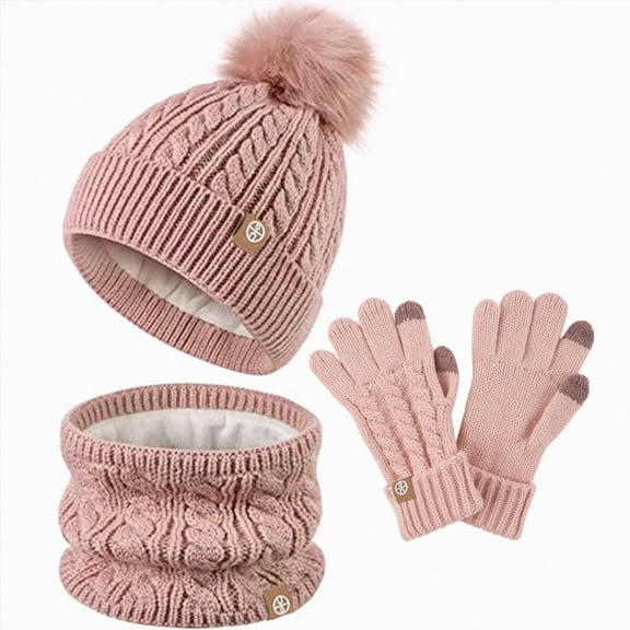 Beanie Knit Hats Kids Winter Hat Gloves Scarf Set Girls Toddler Children Hats With Pom Knit Neck Warmer Gaiter Mittens Fleece Lined Set
