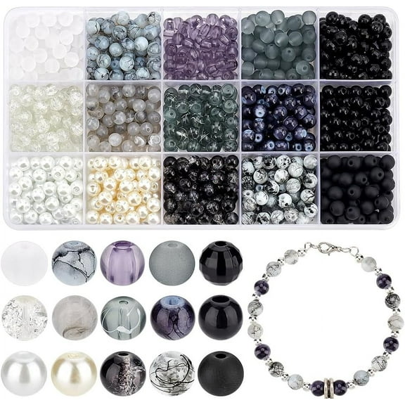 1box About 900pcs 6mm Marble Glass Beads 15 Color Black White Round Loose Beads For Bracelet Necklace Jewelry Making