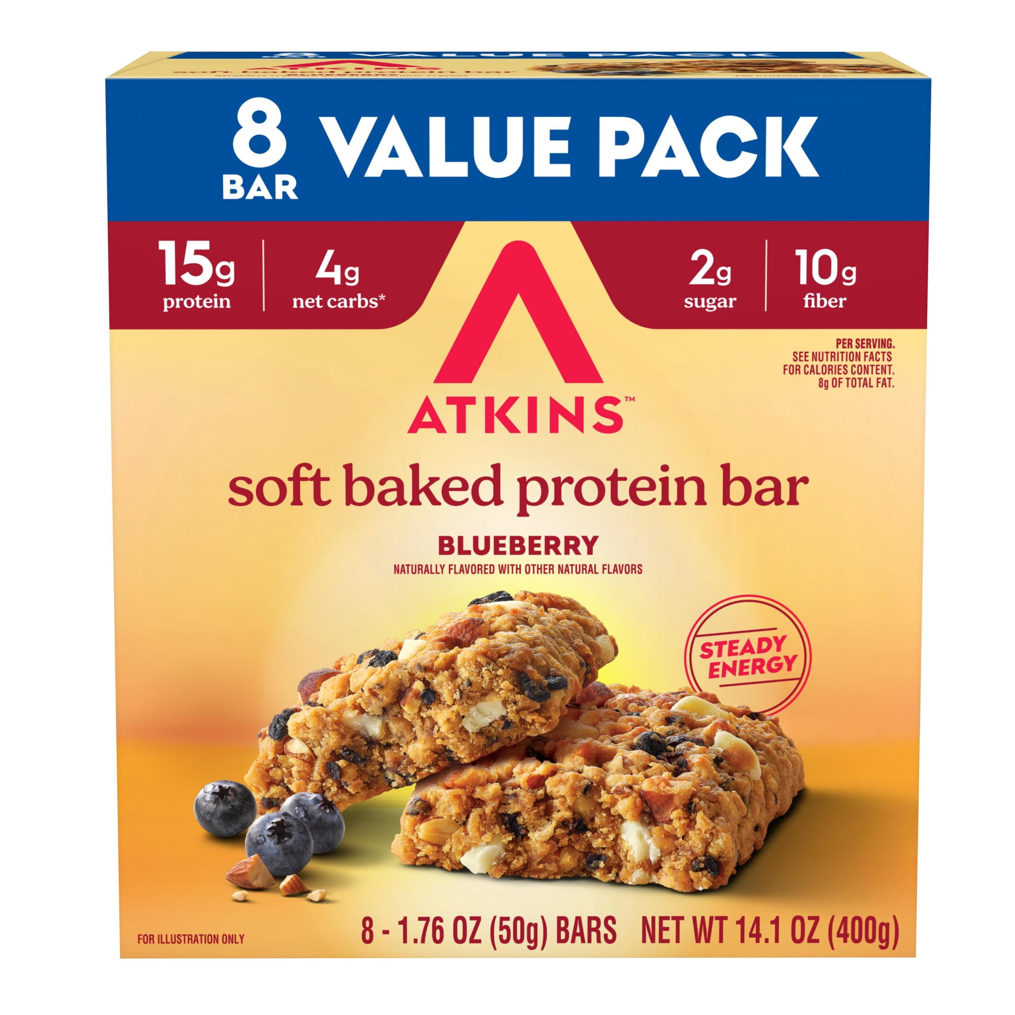 Atkins High Protein Bar, Soft Baked Bars, Blueberry Flavor, Value Pack, 8 Count