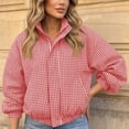 thumbnail image 6 of Aswuknt Womens Gingham Bomber Jacket Plaid Oversized Zip Up Stand Collar Casual Coat Spring Fall Cropped Jackets With Pockets, 6 of 6