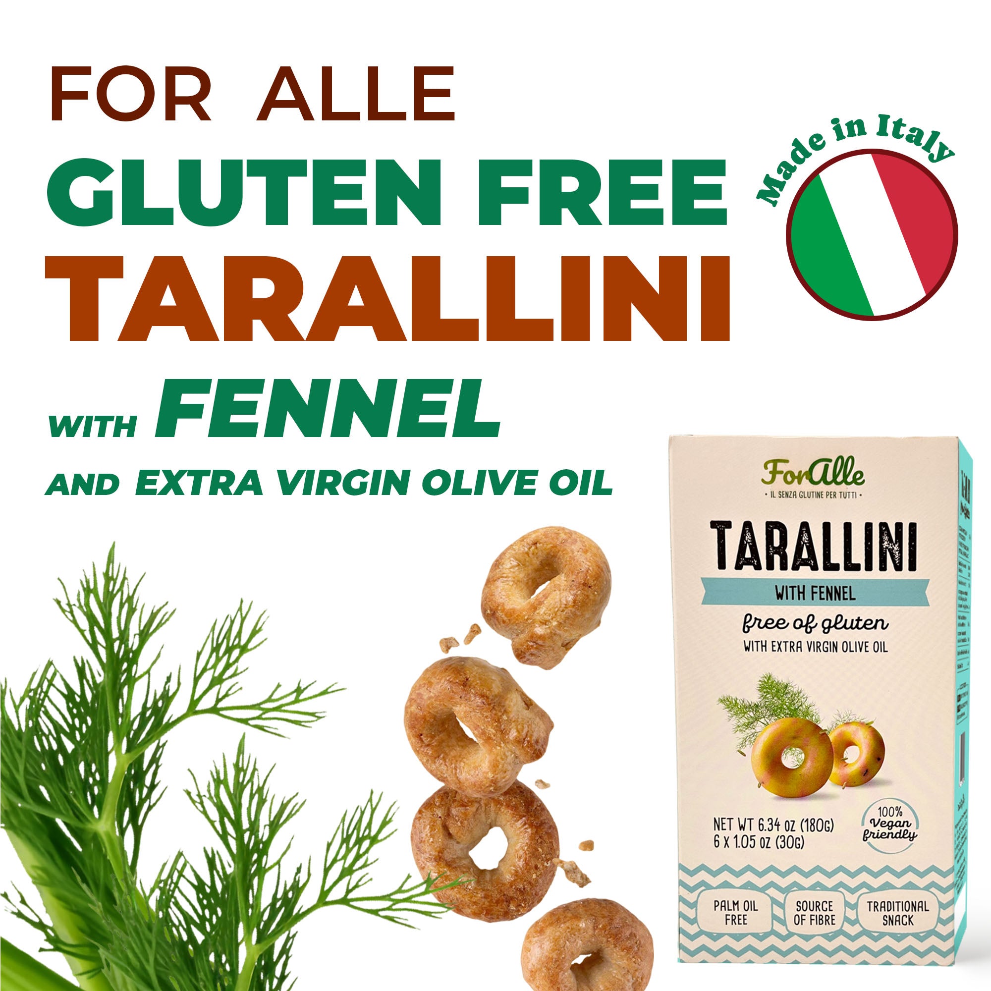 For Alle Gluten-Free Tarallini with Fennel and Extra Virgin Olive Oil, 6x1.05 oz (6.34 oz) – Traditional Italian Pugliese Snack. Oven-Baked. Vegan. Cholesterol-Free. (Pack of 9)