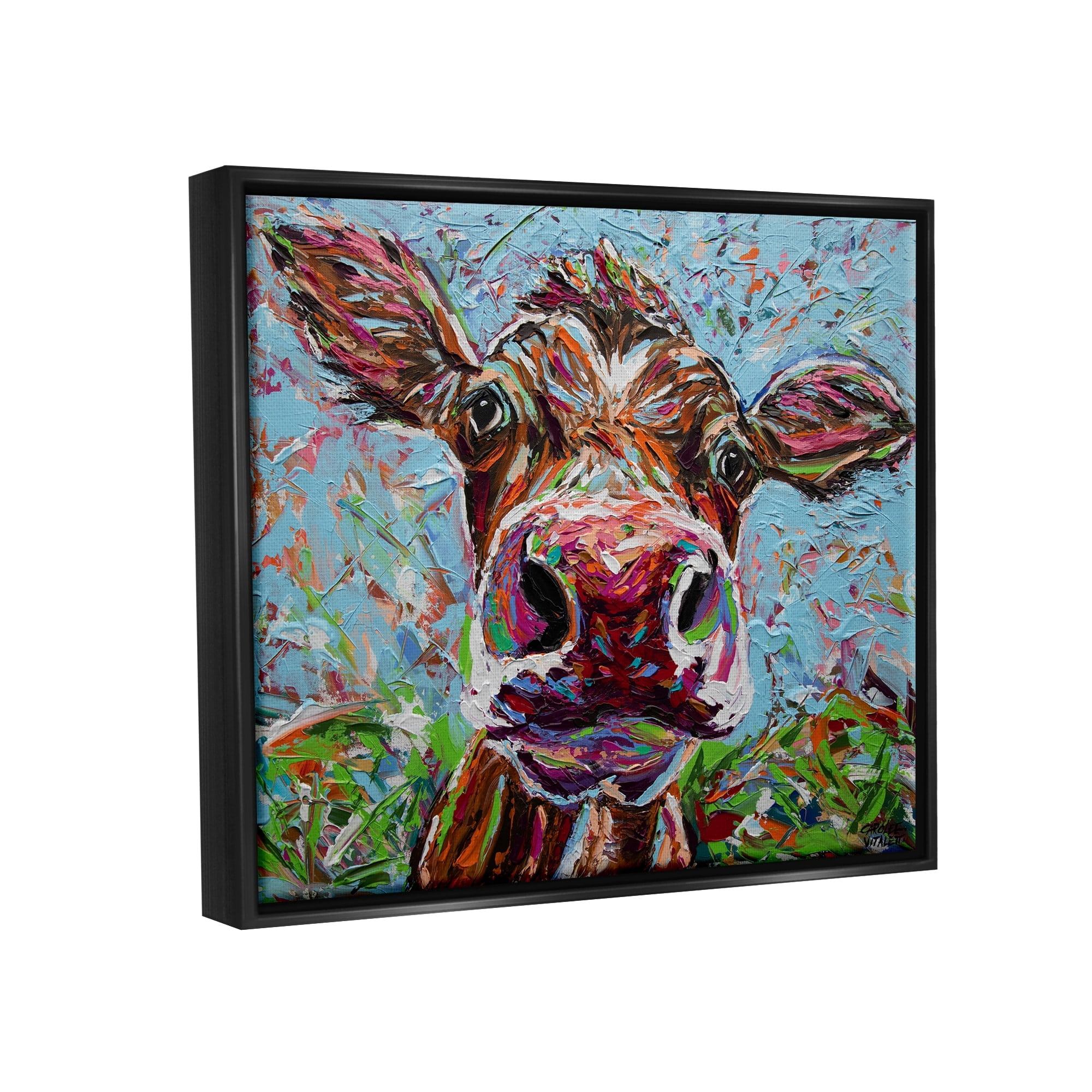 Stupell Industries Bold Cattle Cow Kaleidoscopic Layered Farm Painting Painting Metallic Gold Floating Framed Canvas Print Wall Art, Design by Carolee Vitaletti