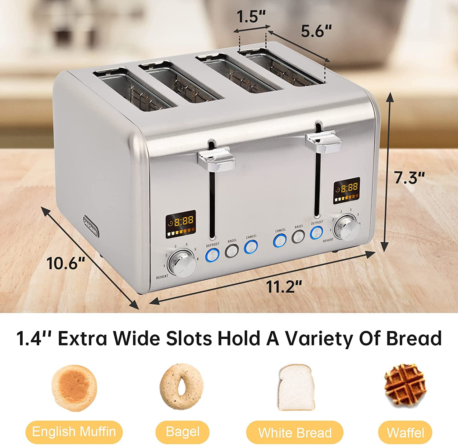 Toaster 4 Slice, Stainless Steel Bread Toaster with 2 Colorful LCD Display, 7 Shade Settings,1800W, Silver Metallic