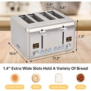 Toaster 4 Slice, Stainless Steel Bread Toaster with 2 Colorful LCD Display, 7 Shade Settings,1800W, Silver Metallic