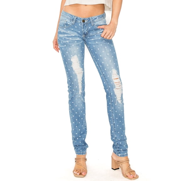 Machine Jeans Juniors Y2K Low-Rise Polkadot Skinny Jeans (0, Polkadot Denim)