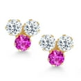 thumbnail image 2 of Gem Stone King 14K Yellow Gold White Topaz and Pink Sapphire Three Stone Stud Earrings for Women (0.83 Cttw, Gemstone November Birthstone, Round 3MM), 2 of 4