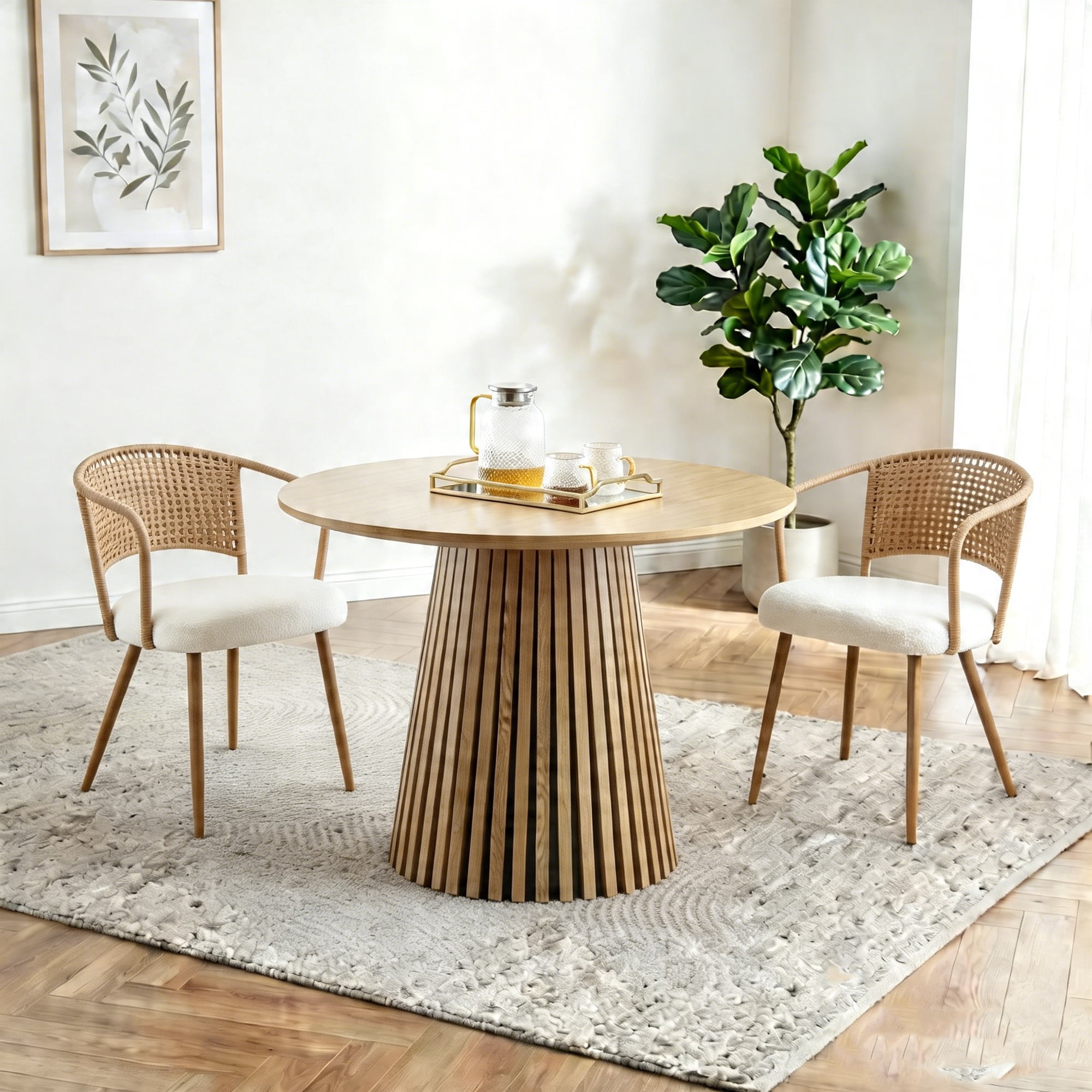 Round Wooden Dining Table + 2 Brown Wicker Dining Chairs Set - Farmhouse Style Farm Chair Set