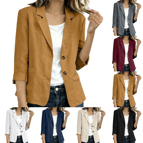 cocolona Womens Linen Blazer Lapel Open Front Long Sleeve Lightweight Suit Jacket Business Trendy Casual Outerwear