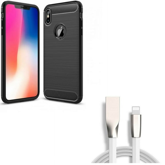 Carbon Fiber Case w 6ft USB Cable for iPhone XS Max - Slim Fit Cover Reinforced Bumper Shock Absorbent Black and Flat Charger Cord Power Wire Sync