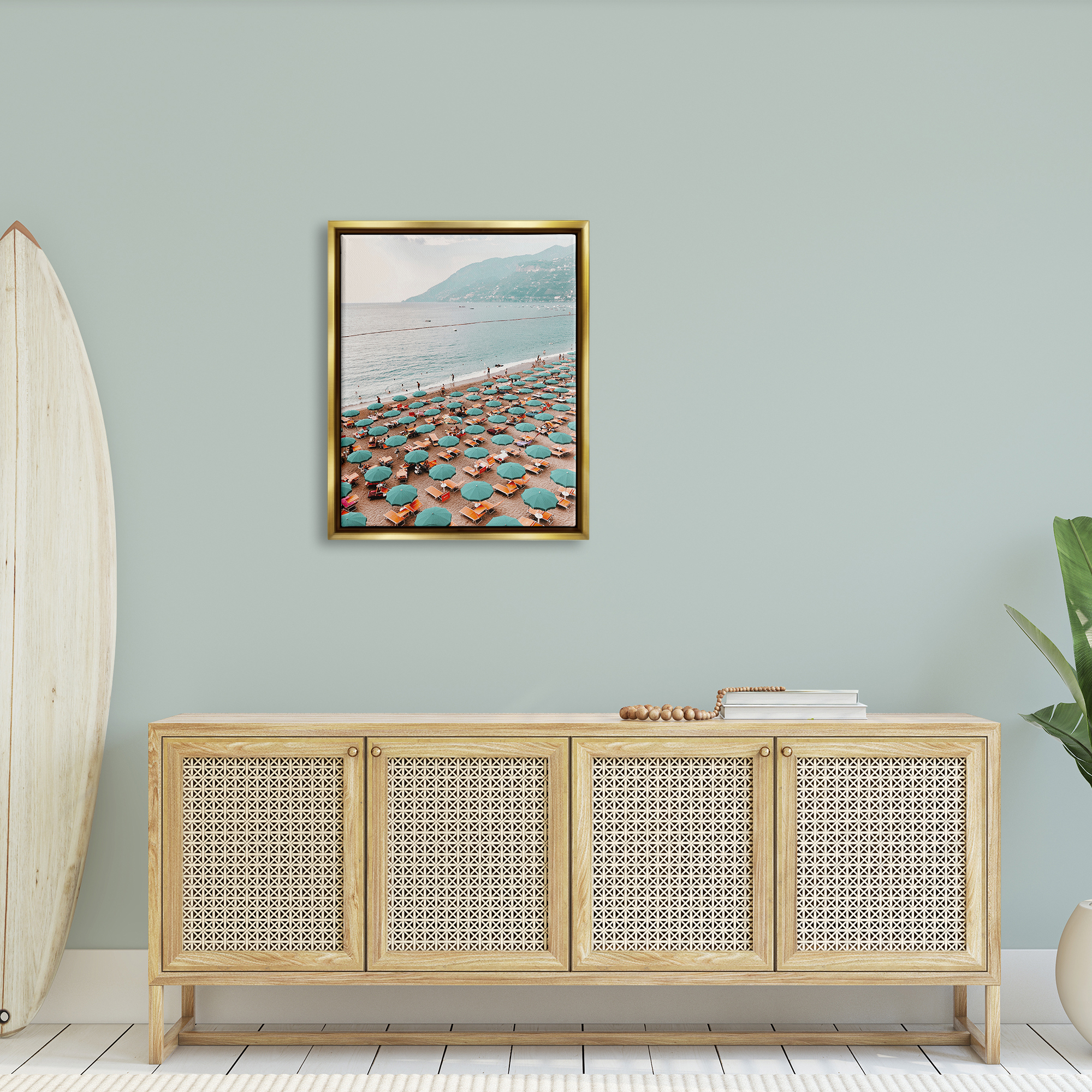 Stupell Beach Umbrellas Coastal Vacation Landscape Photography Gold Floater Framed Art Print Wall Art