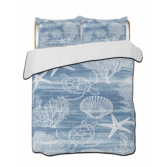 Quilts Twin Size Bedding Set, Blue Coastal Lightweight Quilted Comforter, Nautical Coral Starfish Shell Turtle Summer Soft Reversible Bedspread Coverlet with Pillow Covers for All Season, 68" x 86"