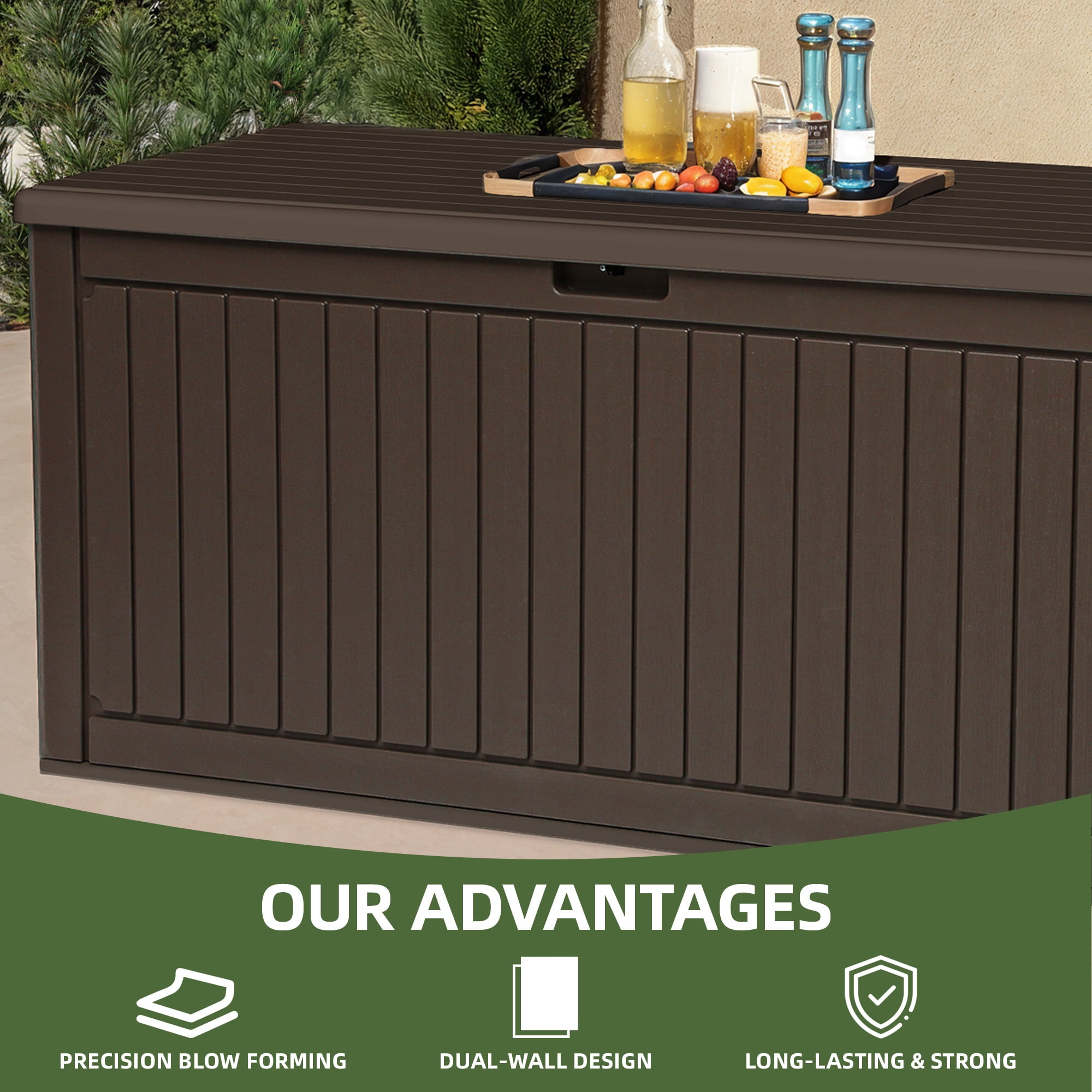 Uforic 260 Gallon Large Deck Box, Double-Wall Resin Outdoor Storage Bin with Divider, Lockable Weatherproof, Brown