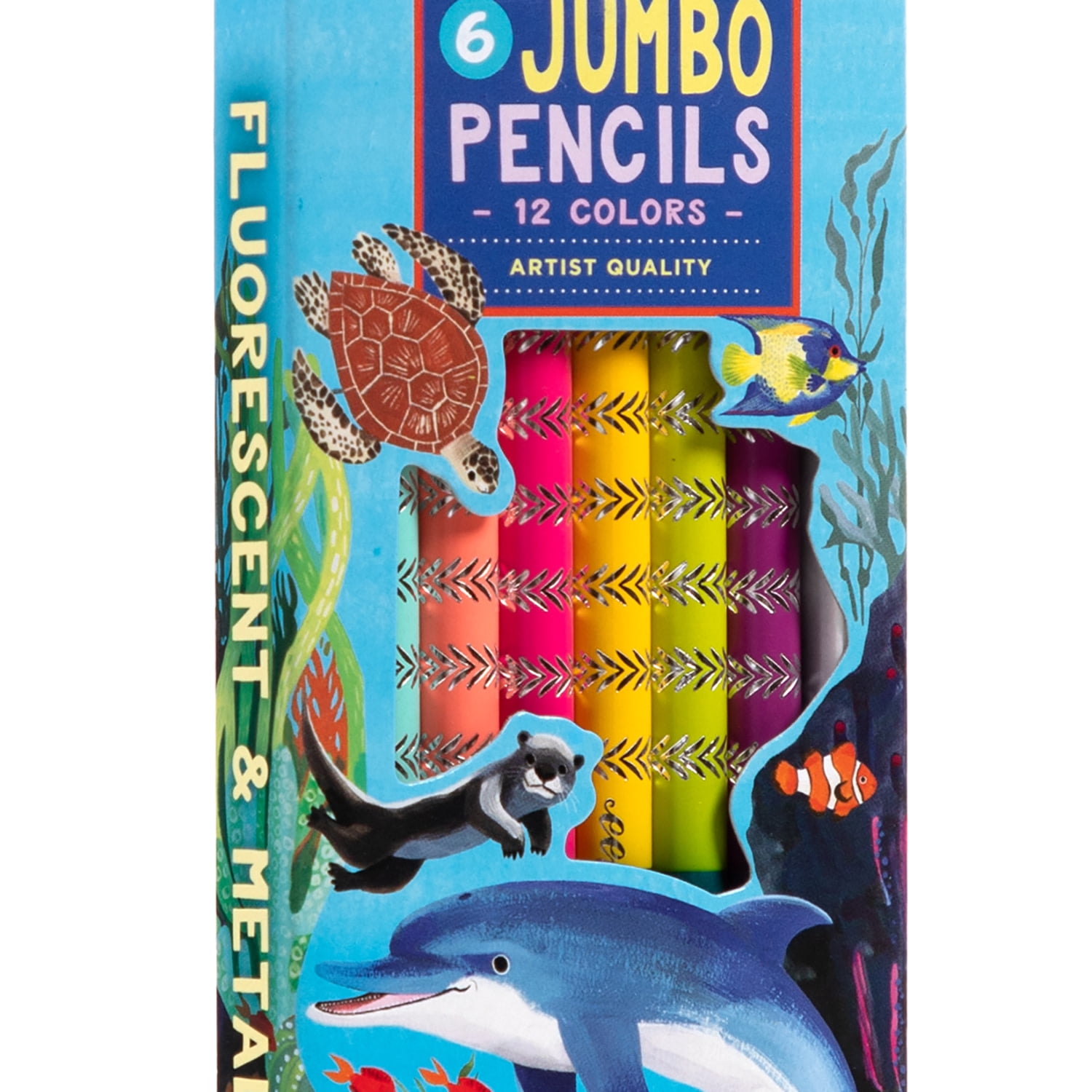 eeBoo: Double-Sided Jumbo Colored Pencils – Sea Life - 6pc Set, 12 Metallic & Fluorescent Colors, Sharpener, Chunky Foil Barrel, Kids Art Supplies