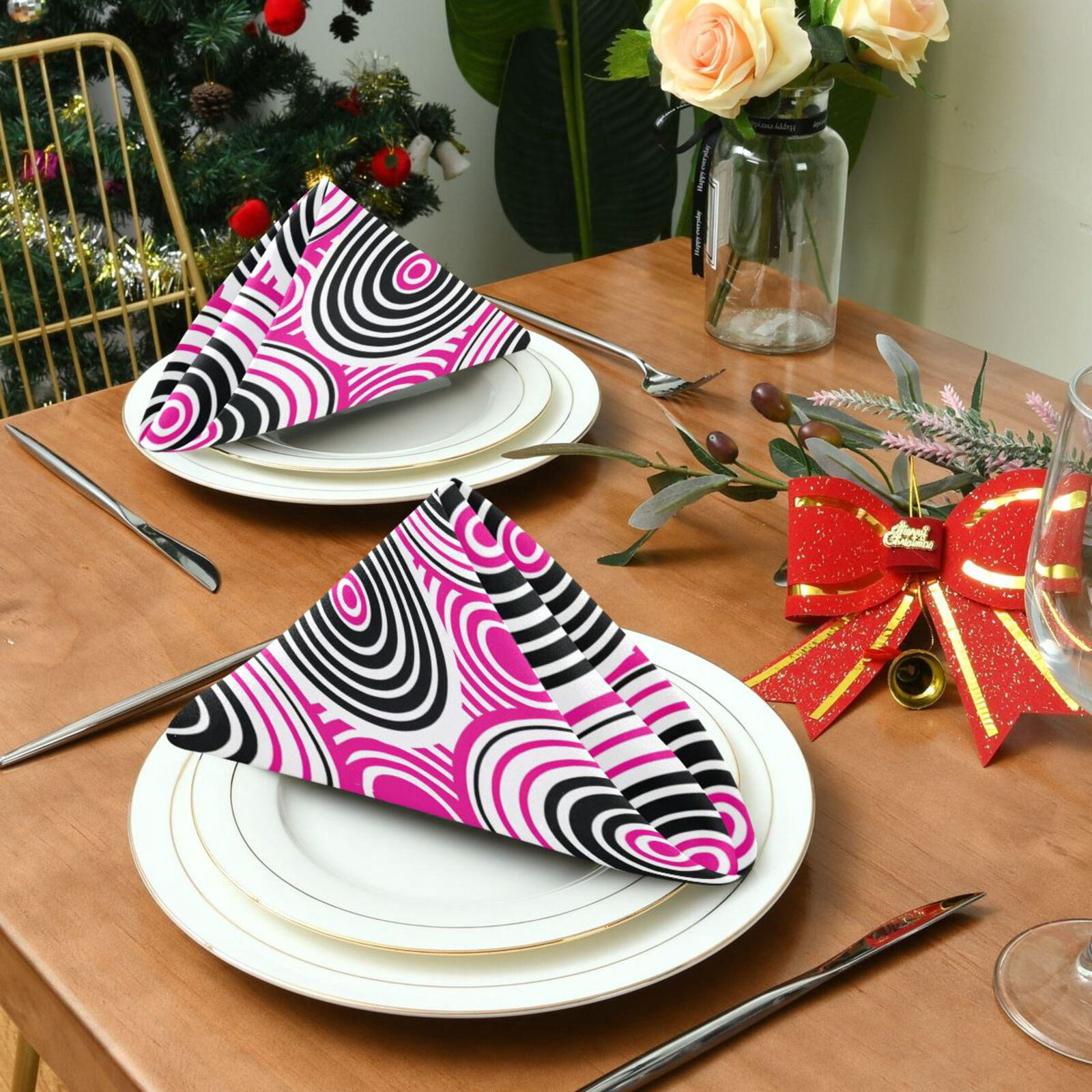 JSTEL Circles Pink & Black Cloth Napkins Set of 6, 20x20 Inch Washable and Reusable Napkin for Decoupage Dinner Party Everyday Use