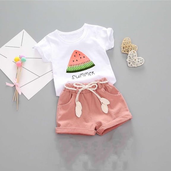 Amidoa Girls 2 Piece Outfits Summer Clothes Graphic Cotton T Shirt Short Sleeve and Casual Short Kids Clothing Sets Pink Size 2T