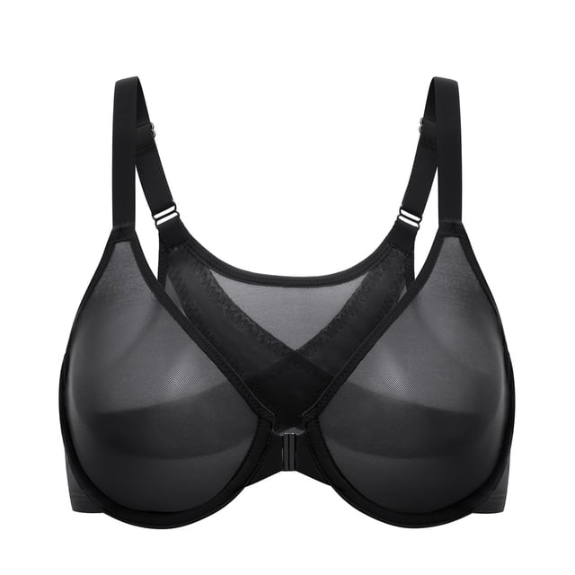 Sostén DELMIRA 36DD de Malla Transparente con Cierre Frontal Talla Grande Negro