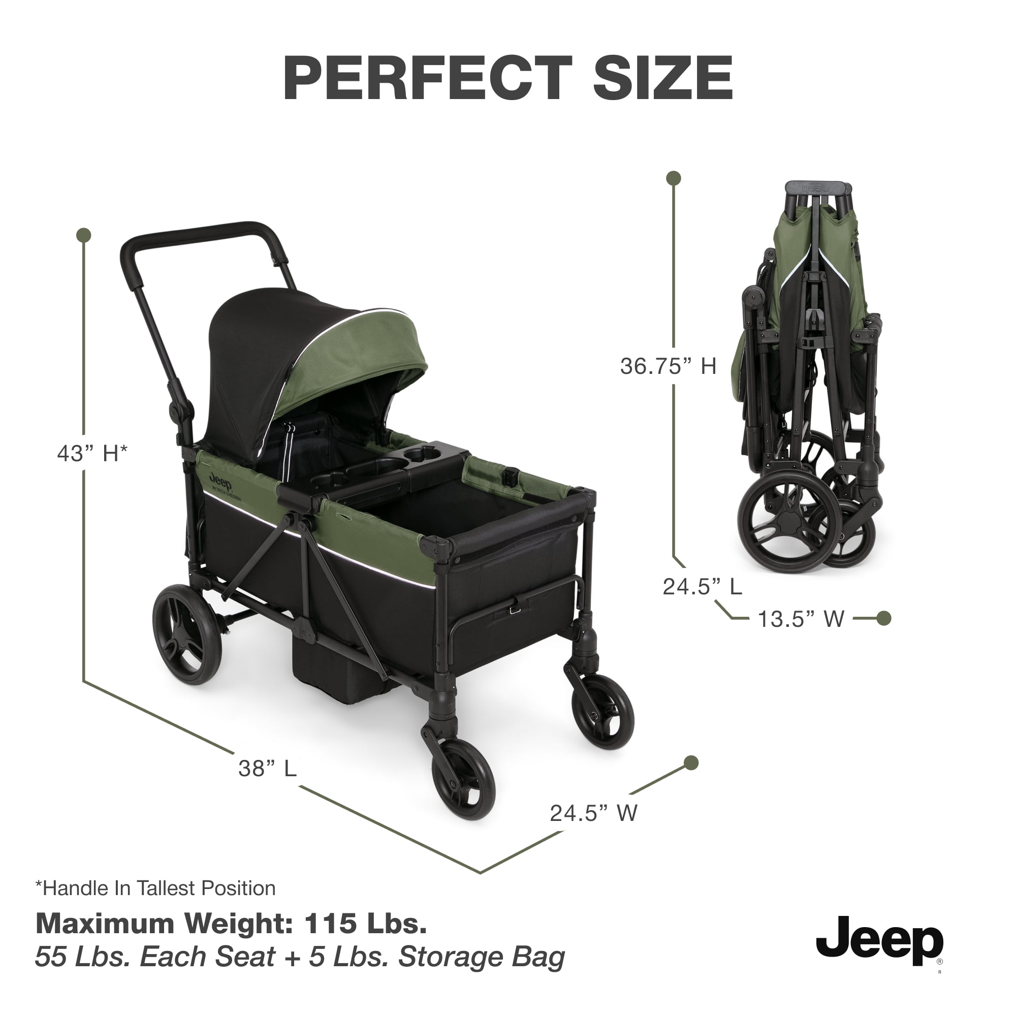 Jeep TurboGlyde Stroller Wagon by Delta Children – Extended Footwell for More Leg Room, Greenguard Gold Certified, Black/Green