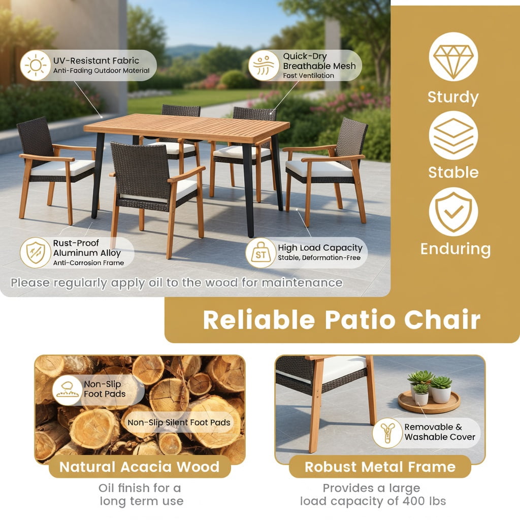 Hommoo 2-Piece PE Rattan Outdoor Dining Chair Set with Removable Cushions & Natural Acacia Wood Armrests, Weather-Resistant Patio Seating for Backyard, Deck or Garden, White