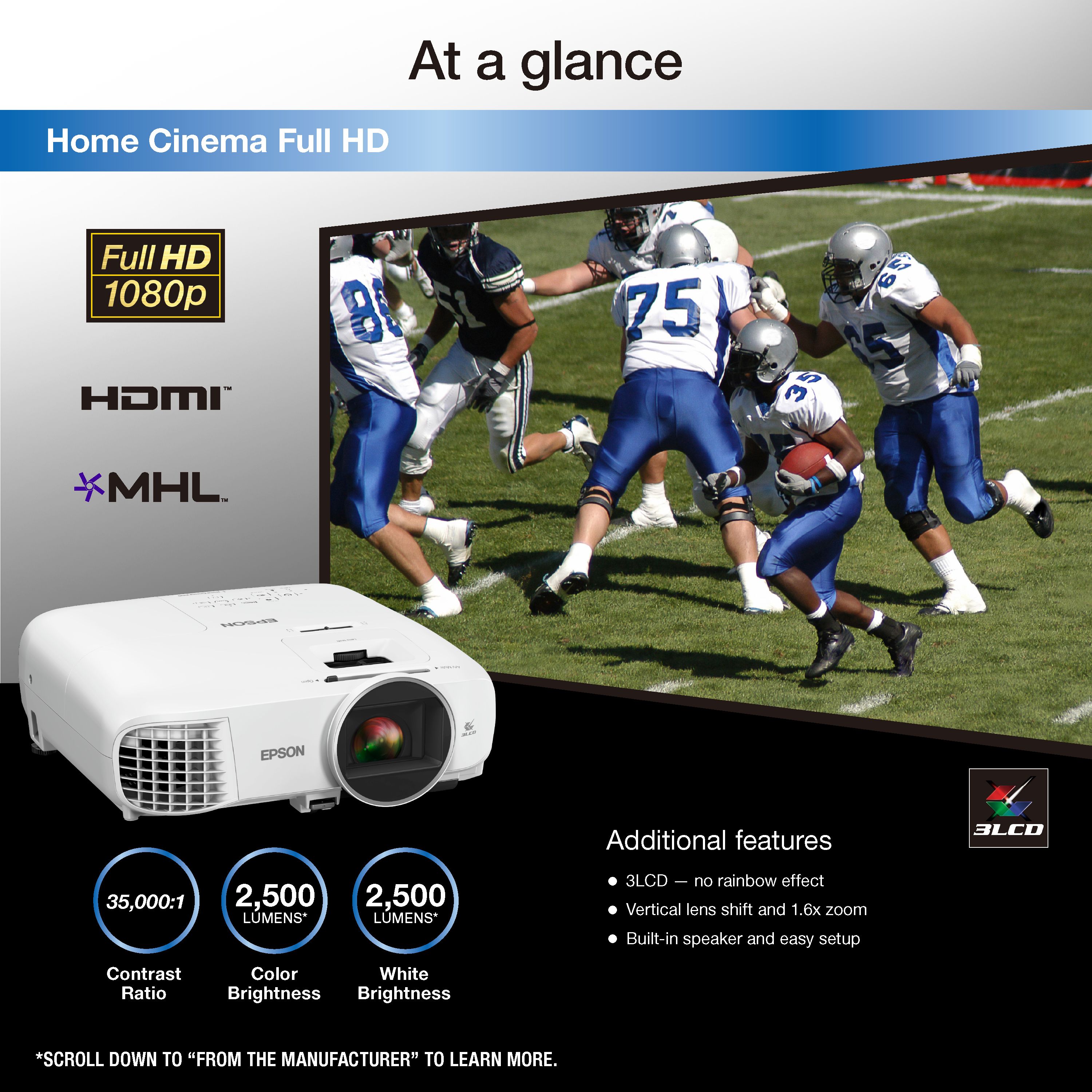 Epson Home Cinema Full HD, 1080p, 2,500 lumens color brightness (color light output), 2,500 lumens white brightness (white light output), 2x HDMI (1 MHL), 3LCD projector - image 3 of 6