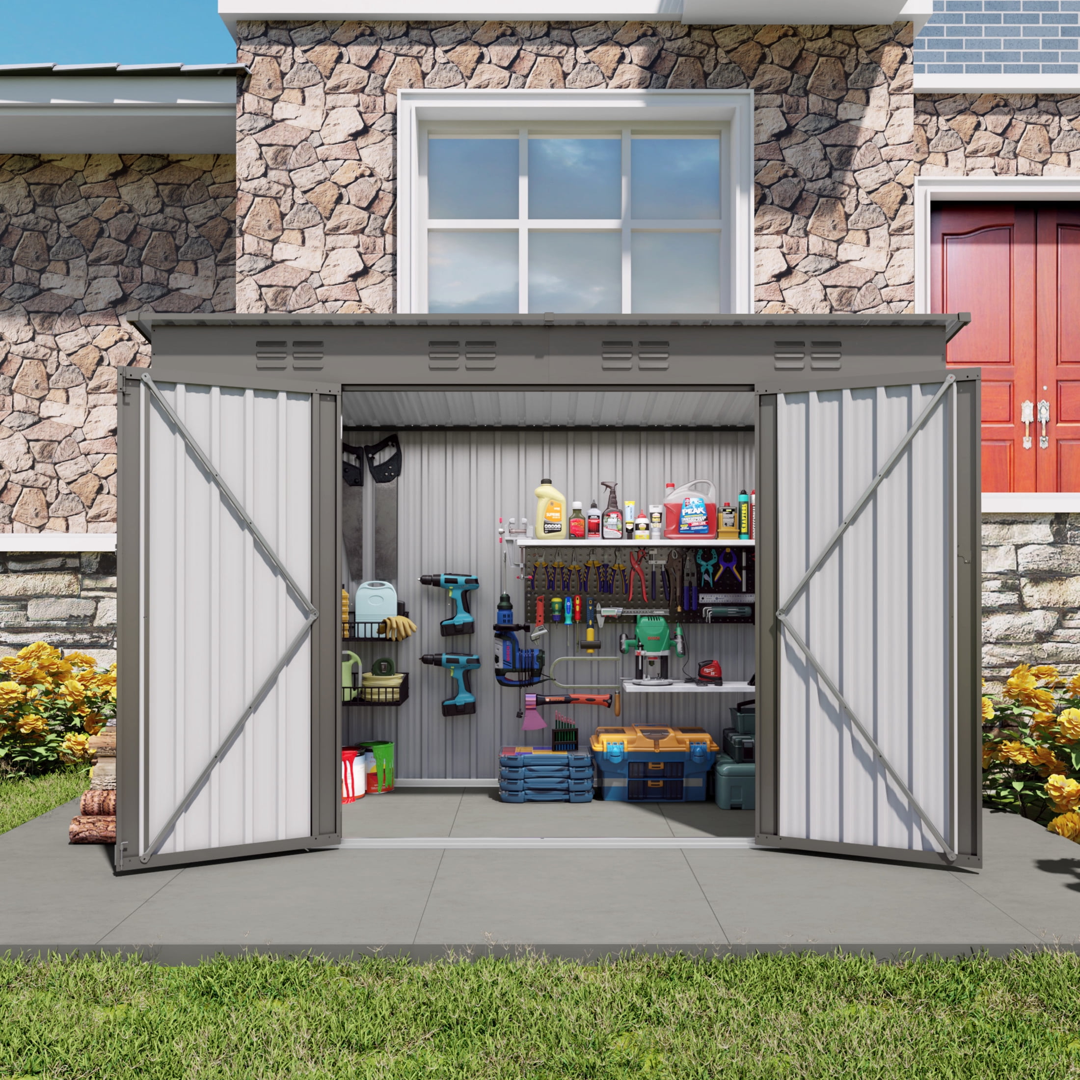 Noble House 4 x 9 FT Metal Storage Shed with Lockable Double Doors, 6 Vents, Gray