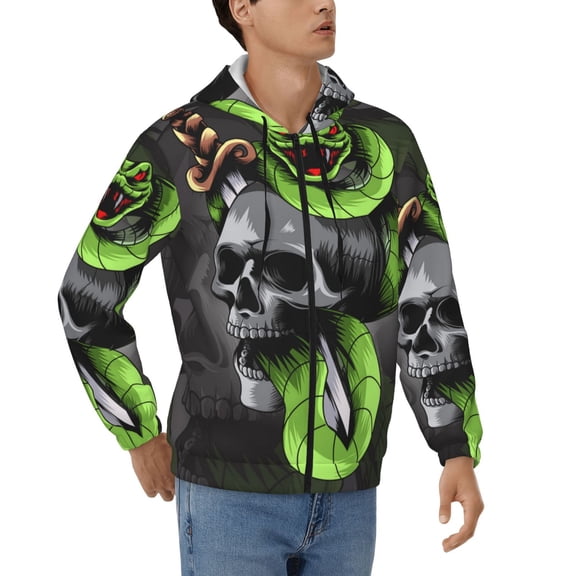 Mens Full Zip Hoodies Sweashirts Jacket Hooded Sweatshirt, Sword Pierced Skull With Snake