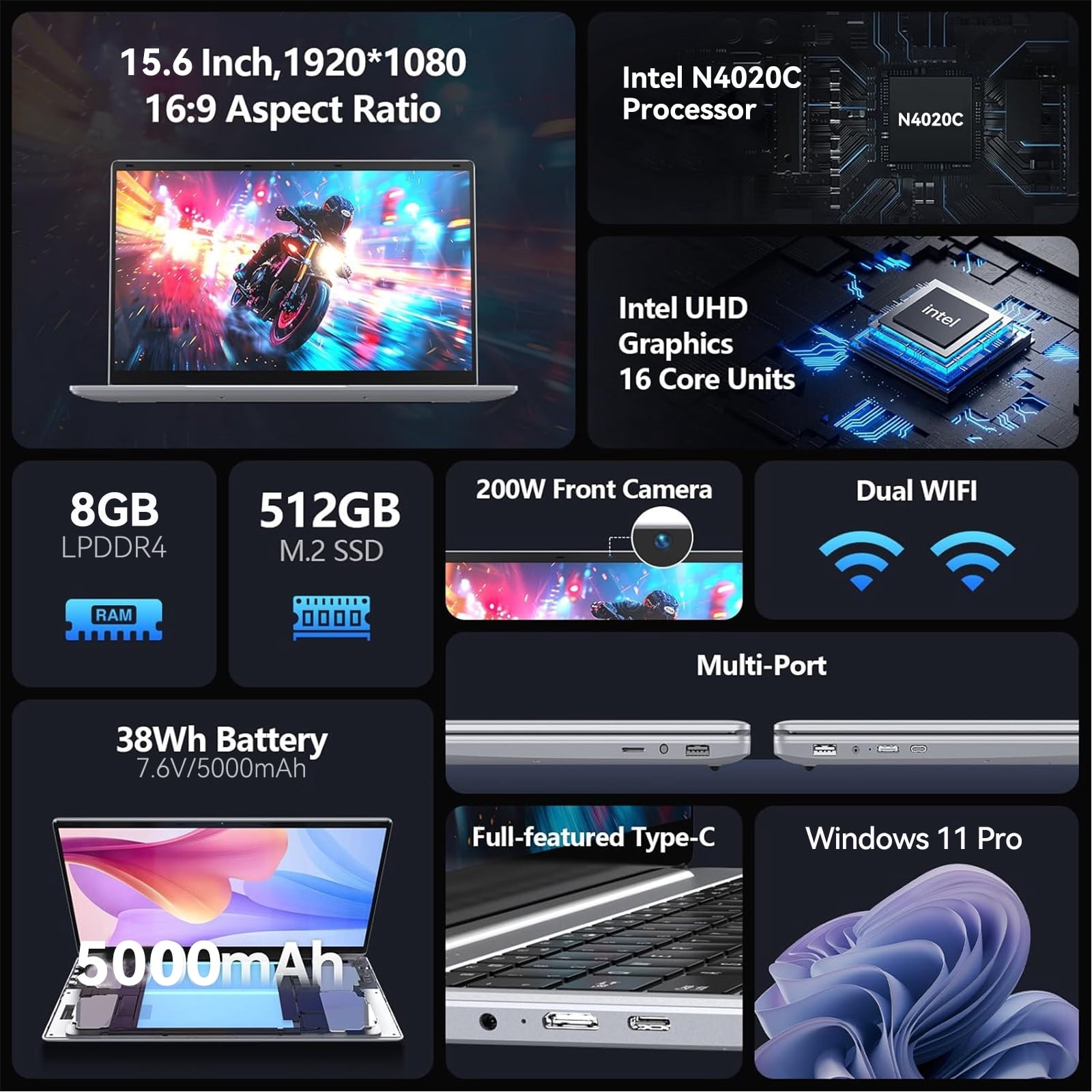15.6 Inch Windows 11 Pro Laptop, 8GB RAM 512GB SSD, Intel Celeron, FHD IPS Display, Ultra Slim Notebook, Dual-Band WiFi, HDMI, Webcam