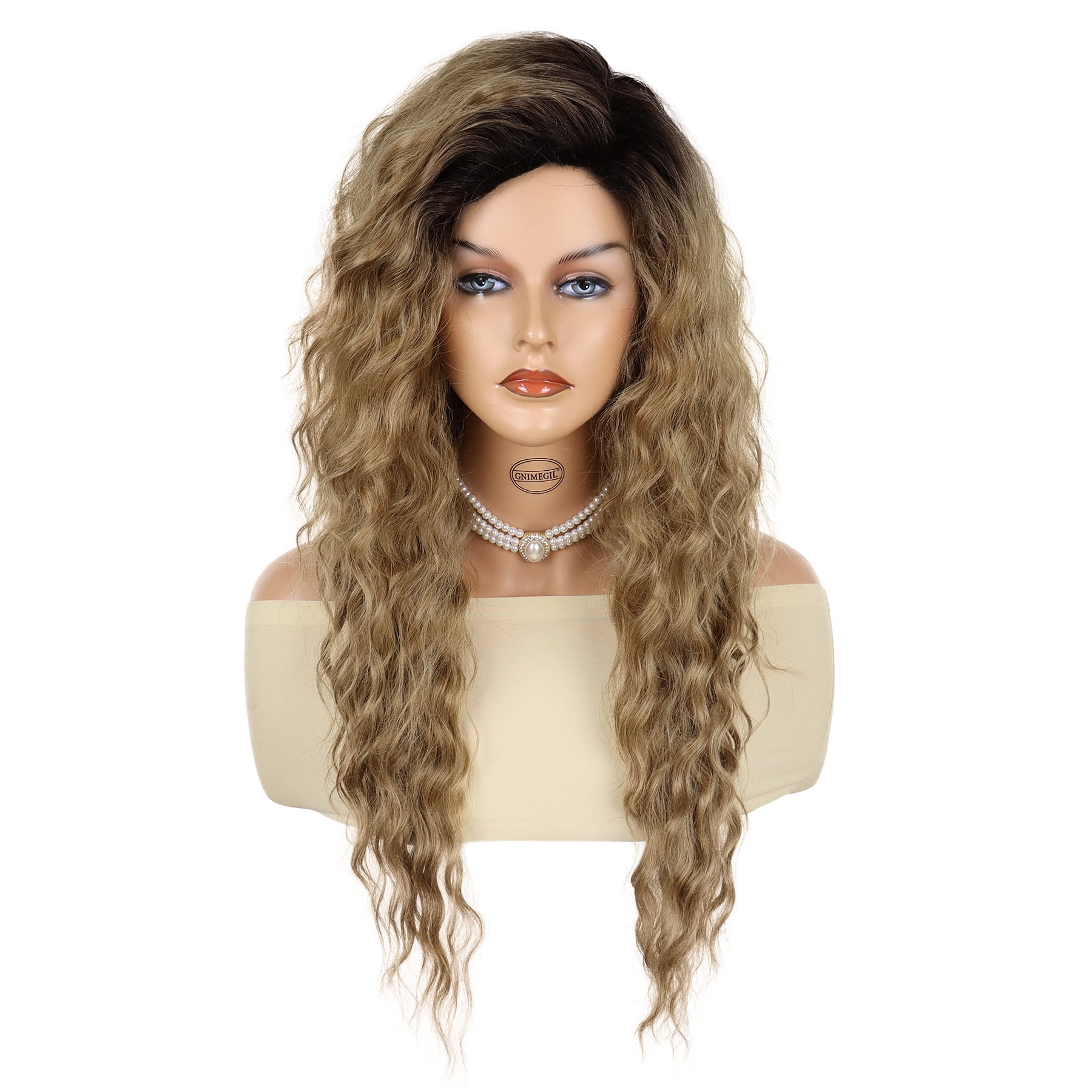 28 inch Long Brown Curly Wigs for Women Gradient Brown Wig with Dark Roots Wigs in Synthetic Hair