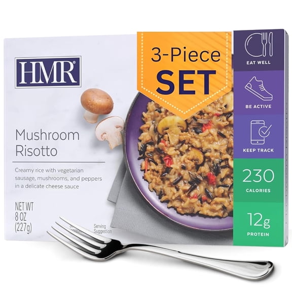 HMR Mushroom Risotto Entrée | Pre-packaged Lunch or Dinner to Support Weight Loss | Ready to Eat | Vegetarian | 12g of Protein | Low Calorie Food | 8oz Serving per Meal | Pack of 3