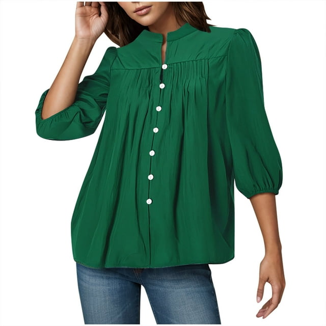 Dealovy Womens Tops Dressy 3/4 Puff Sleeve Solid Color Work Blouses Button down Crew Neck Business Casual Top